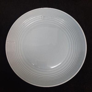 May include: A white ceramic dinner plate with a concentric circle design. The plate has a smooth, glossy finish.