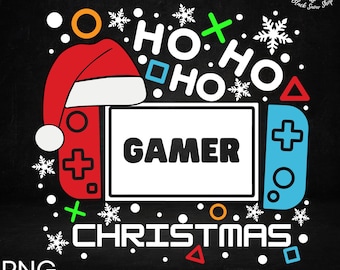 May include: A white background with a red Santa hat, a black and white video game controller, and the text "Gamer Christmas" in white. The text "Ho Ho Ho" is written in white with green and blue accents.  Snowflakes are scattered around the image.