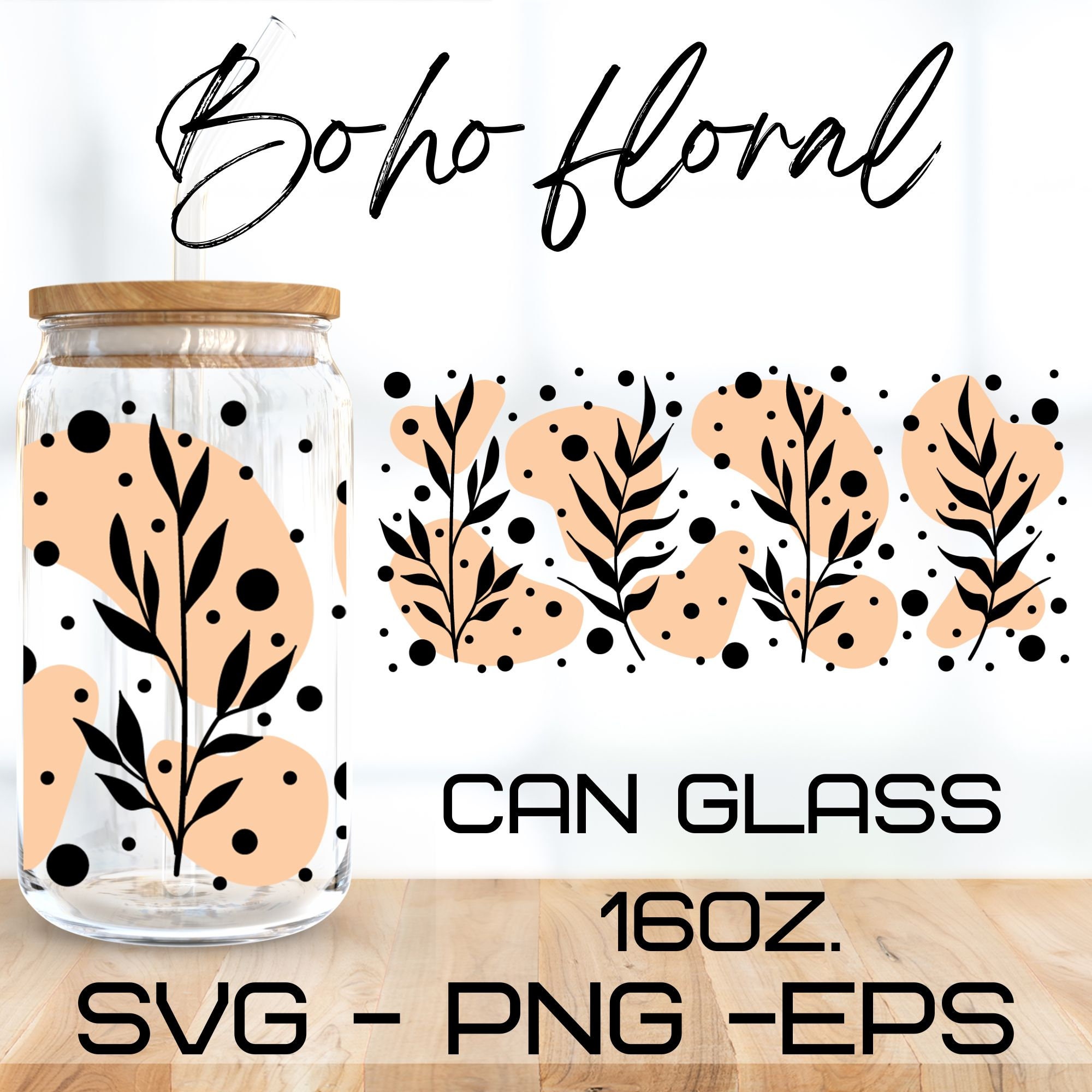 Boho Floral Style Glass Wrap Svg,libbey 16 Oz Beer Can Glass Svg,leaf ...