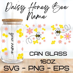 Daisy Honey Bee Nome Glass Wrap Svg, Bee svg, caffè svg, libbey 16 Oz lattina di birra in vetro svg, download digitale, Cricut Design, svg, png, eps