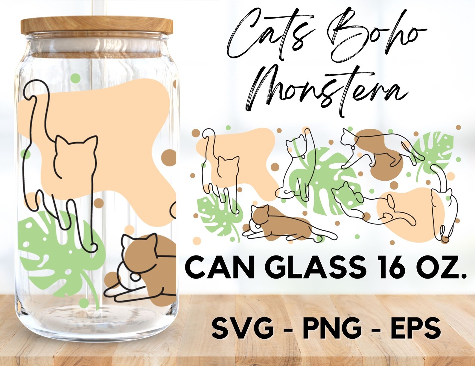 Cats Boho Monstera Glass Wrap Svg,boho Svg, Monstera Svg,libbey 16 Oz ...