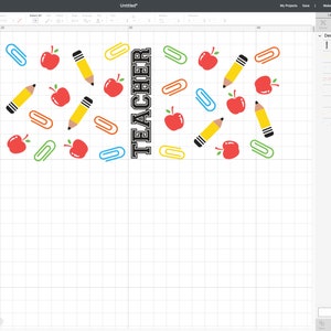 May include: A digital design for a teacher mug featuring the word "TEACHER" in black text with red apples, yellow pencils, and blue and green paper clips on a white background.