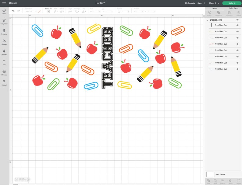 May include: A digital design for a teacher mug featuring the word "TEACHER" in black text with red apples, yellow pencils, and blue and green paper clips on a white background.