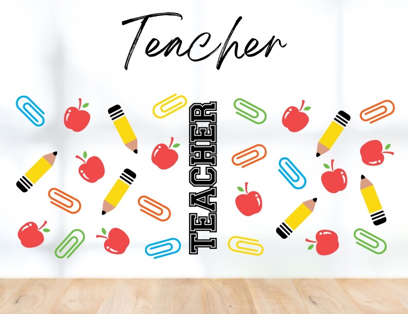 May include: White background with the word "Teacher" written in black cursive at the top. The word "Teacher" is repeated vertically in black block letters in the centre of the image. The background is decorated with a pattern of red apples, yellow pencils, and colourful paper clips.