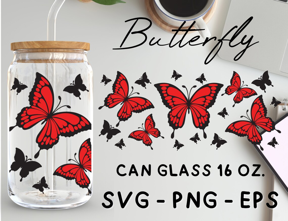 Butterfly Glass Wrap Svgbutterfly Svglibbey 16 Oz Beer Can - Etsy
