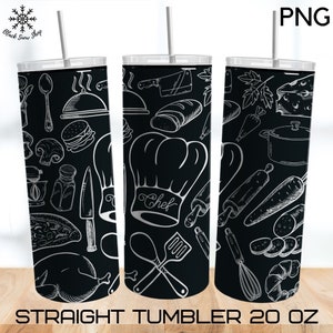 May include: A black and white 20 ounce straight tumbler with a design of various kitchen utensils and food items, including a chef's hat with the word "Chef" written on it.