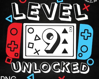 Könnte beinhalten: Schwarzweißgrafik auf schwarzem Hintergrund mit dem Text "LEVEL 9 UNLOCKED". Die Grafik zeigt eine stilisierte Nintendo Switch-Konsole mit einem roten und einem blauen Controller auf jeder Seite. Der Bildschirm der Konsole zeigt eine Zahl 9 mit verschiedenen Spielsymbolen.