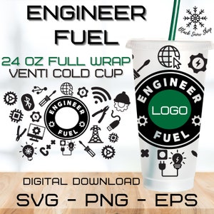 Könnte beinhalten: Ein digitaler Download-Design für einen 24 Unzen kalten Becher mit einem schwarzen und grünen Kreis mit dem Text "Engineer Fuel" und einem Platzhalter für das Logo. Das Design enthält eine Vielzahl von schwarzen und weißen Symbolen im Zusammenhang mit Ingenieurwesen, wie z. B. Zahnräder, Schraubendreher und einen Computermonitor.