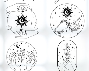 Puede incluir: Cuatro ilustraciones en blanco y negro de manos sosteniendo diferentes elementos celestiales y florales. La primera imagen muestra manos sosteniendo un sol y una luna con estrellas y planetas alrededor. La segunda imagen muestra manos sosteniendo una corona de hojas con un sol y una luna dentro. La tercera imagen muestra manos sosteniendo una flor con estrellas alrededor. La cuarta imagen muestra manos sosteniendo una flor con estrellas alrededor.