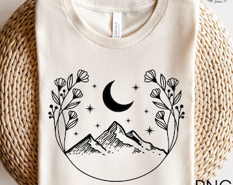 Berg Mond Boho Wildblumen SVG, Celestial svg, Halloween Shirt svg, digitaler Download, Cricut Design, svg, png, jpg