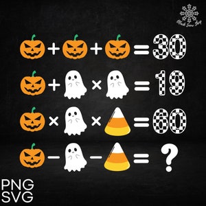 May include: A Halloween-themed maths puzzle with images of pumpkins, ghosts, and candy corn. The equations are: Pumpkin + Pumpkin + Pumpkin = 30, Pumpkin + Ghost x Ghost = 19, Pumpkin x Ghost x Candy Corn = 60, Pumpkin - Ghost - Candy Corn = ?