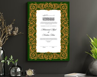 Green & Gold Nikkah Certificate | Islamic Marriage Contract (Editable Canva Template)