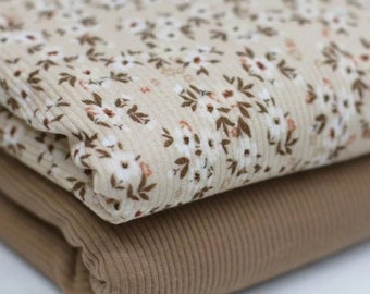 Rib Jersey / Rippjersey Blumen beige - Rippstrick Baumwolle Meterware