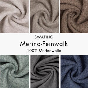 Könnte beinhalten: Eine Sammlung von sechs Stoffmustern aus Swafing Merino-Feinwalk 100% Merinowolle in verschiedenen Farben, darunter hellbeige, beige, braun, salbeigrün, dunkelgrau und marineblau, jeweils mit einer dichten, gewalkten Textur und sichtbaren Fasern.