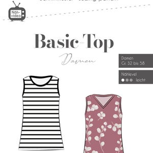 Könnte beinhalten: Ein Schnittmuster für ein Basic-Top, mit zwei Designoptionen: ein schwarz-weiß gestreiftes Top und ein mauvefarbenes Top mit weißem Blumenmuster. Das Muster enthält den Text "Basic Top Damen" und "Fadenkofer".