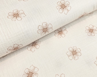 Musselin Blumen beige | Double Gauze Meterware Gänseblümchen | leichter Musselin Stoff aus Baumwolle für den Sommer