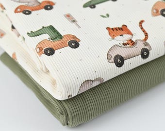 Rib Jersey Tiere im Auto – Baumwolljersey mit Rippenstruktur – Rippjersey Stoff für Kinderkleidung – Jersey Stoff für Jungs