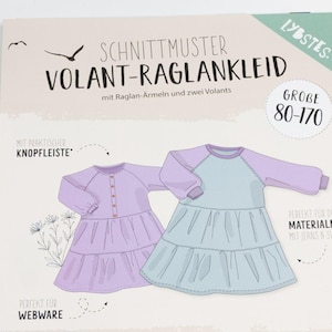 Schnittmuster Raglankleid Gr. 80-170 - Papierschnittmuster Volant Raglankleid von Lybstes