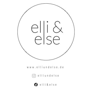 May include: A minimalist logo design featuring the text "elli & else" in a black, sans-serif font, enclosed within a white circle. Below the circle, the website address, Instagram, and Facebook handles are displayed in a clean, modern style.