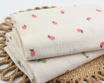 Musselin Obstmotive: Zitronen - Pfirsiche - Birnen – Double Gauze Meterware – Baumwollstoff mit Obst-Motiv – Sommerstoff