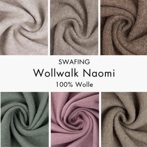 Könnte beinhalten: Eine Sammlung von sechs Stoffmustern in Beige, Hellbraun, Dunkelbraun, Salbeigrün, Altrosa und Taupe. Der Text SWAFING Wollwalk Naomi 100% Wolle ist mittig platziert. Jeder Stoffabschnitt weist eine dichte, gewalkte Textur mit Falten auf.