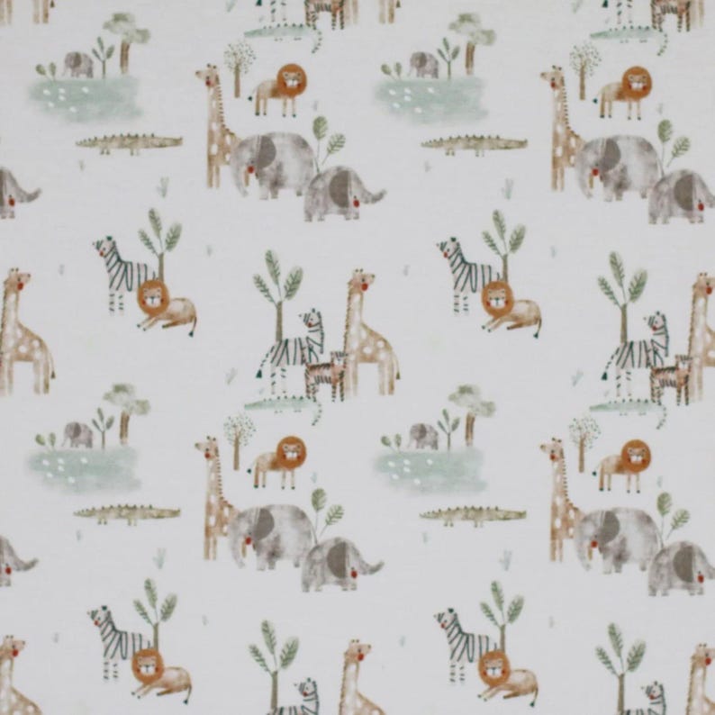 May include: White fabric with a repeating pattern of safari animals. The design includes giraffes, lions, zebras, elephants, and crocodiles, along with stylized trees and grassy areas. The animals are in shades of brown, gray, and orange.