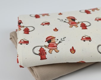 Rib Jersey Feuerwehr-Hund – Baumwolljersey mit Rippenstruktur – Stoff für Kinderkleidung – Jersey Stoff für Jungs