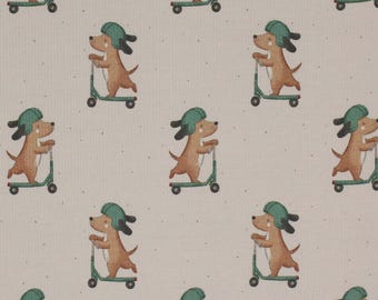 Rib Jersey Hund auf Roller – Baumwolljersey mit Rippenstruktur – Stoff für Kinderkleidung – Jersey Stoff für Jungs