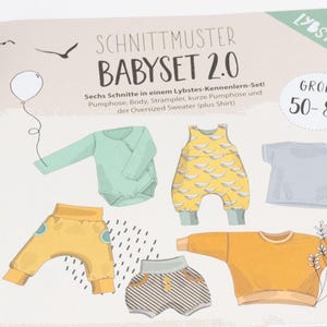Schnittmuster Babyset Gr. 50-80 - Papierschnittmuster Baby Pumphose Strampler Pullover Body von Lybstes
