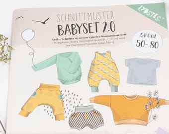Schnittmuster Babyset Gr. 50-80 - Papierschnittmuster Baby Pumphose Strampler Pullover Body von Lybstes
