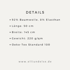 May include: A cream-colored graphic with the word "DETAILS" at the top. The text lists fabric composition, dimensions of 50 cm x 145 cm, weight of 220 g/qm, and Oeko-Tex Standard 100 certification. The website address www.elliundelse.de is at the bottom.