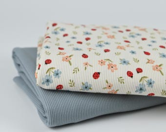 Rib Jersey Marienkäfer und Blümchen – Baumwolljersey mit Rippenstruktur – Stoff für Kinderkleidung – Jersey Stoff für Kinder