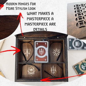 May include: A dark wooden box with compartments for card game pieces. The box has a decorative lid with the word "GWENT" and geometric cutouts. The box has hidden hinges and a magnetic lid holder. Each faction has its own compartment.