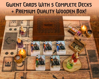 May include: A wooden box set of Gwent cards with 5 complete decks. The box is dark brown with the word "Gwent" on the lid. The set includes a wooden game board, candles, and decorative items. The text on the image reads "Gwent Cards with 5 Complete Decks + Premium Quality Wooden Box!"
