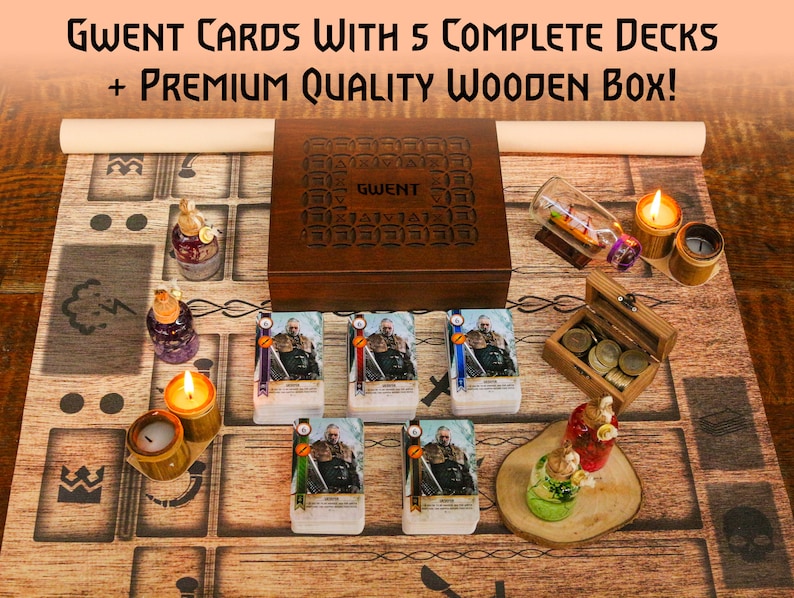 May include: A wooden box set of Gwent cards with 5 complete decks. The box is dark brown with the word "Gwent" on the lid. The set includes a wooden game board, candles, and decorative items. The text on the image reads "Gwent Cards with 5 Complete Decks + Premium Quality Wooden Box!"