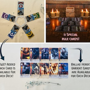 May include: A collection of fantasy-themed playing cards. The image shows various cards, including "11 Special Rule Cards!", "Newly Added Roach Card Is Available For Each Deck!", and "Ballad Heroes Varients Cards Are Available For Each Deck!"