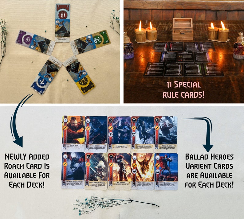 May include: A collection of fantasy-themed playing cards. The image shows various cards, including "11 Special Rule Cards!", "Newly Added Roach Card Is Available For Each Deck!", and "Ballad Heroes Varients Cards Are Available For Each Deck!"