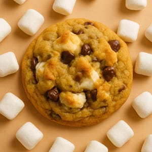 May include: A large, golden-brown chocolate chip cookie with melted marshmallows and chocolate chips. White marshmallows are scattered around the cookie on a tan background. A delicious treat.