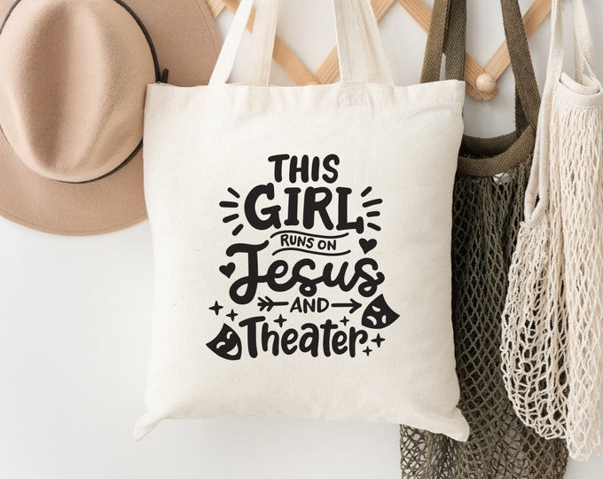 This Girl Runs on Jesus and Theatre Tote Bag, Musical Theater Tote Bag, Broadway Actor Tote Bag, Theatre Rehearsal Bag, Broadway Lover Gift