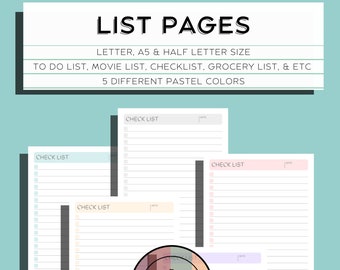 Checklist pages, activity, packing, grocery, shopping, to do, gift wish, bucket, movie, & book list pastel letter A5 Half Letter sizes PDF