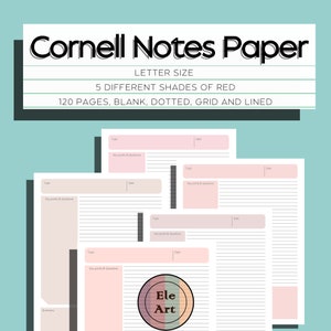 Cornell Notes Method paper pages, Student planner digital download template blank dot line printable red shades note letter size journal PDF