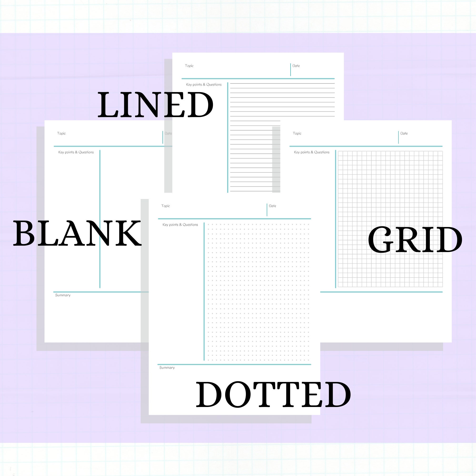 Cornell Notes Method Minimalist Design Paper Pages Colors Line Grid ...