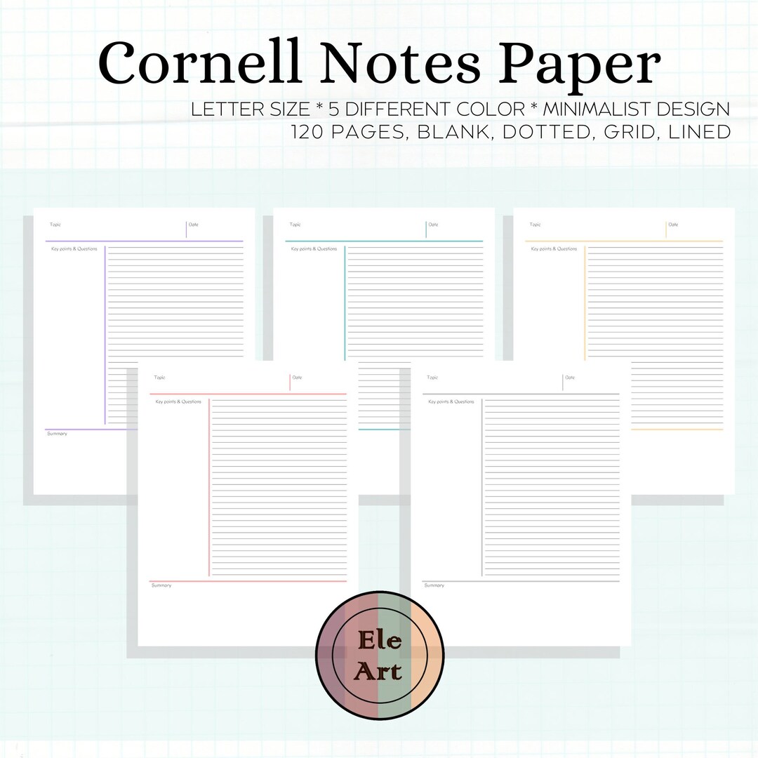 Cornell Notes Method Minimalist Design Paper Pages Colors Line Grid ...