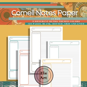 Cornell notes method paper, 5 Retro themed colors Cornel Notes, Cornell template, A4 PDF, digital cornell pages, printable cornell template