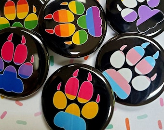 LGBTQ+ Pride Paw Buttons, Magnet OR Pinback | Pawprints, gay, bisexual, pansexual, demisexual, transgender, trans, non-binary