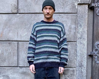 Jersey vintage para hombre / Jersey de invierno con estampado geométrico / Jersey retro de cuello redondo estilo años 80 / Jersey de punto colorido de corte holgado