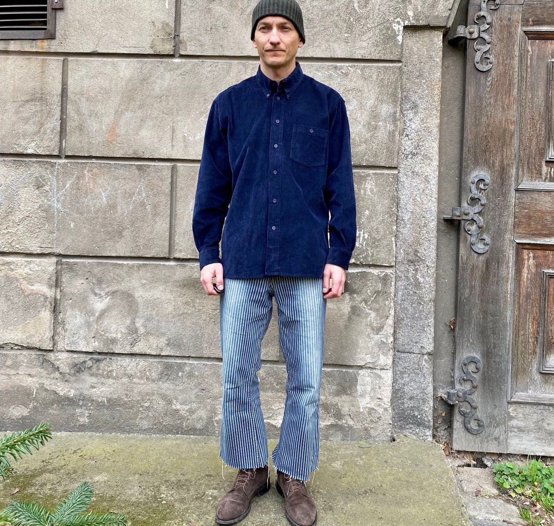 Mens Corduroy Button Down Shirt Vintage Casual Navy Blue Etsy
