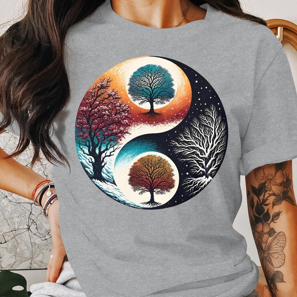 Four Seasons Tree of Life Shirt, Nature Cycle Tee, Artistic Yin Yang Trees T-Shirt, Spiritual Balance Shirt, Nature Lover Gift Tee