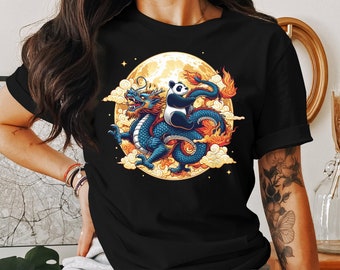 Camiseta Panda Dragon Moon, camisa de criatura mística, camisa de mitología oriental, camisa de panda y dragón de fantasía, camiseta mágica lunar, top de folclore asiático