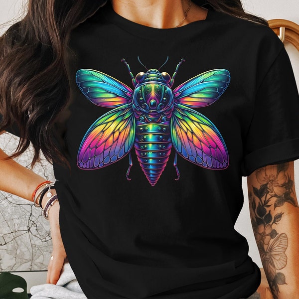 Lebendiges Zikade-Kunst-Shirt, psychedelisches Insekten-T-Shirt, buntes Käfer-Shirt, Entomologie-Enthusiasten-Geschenk, Naturliebhaber-Shirt, schillerndes Zikade-T-Shirt